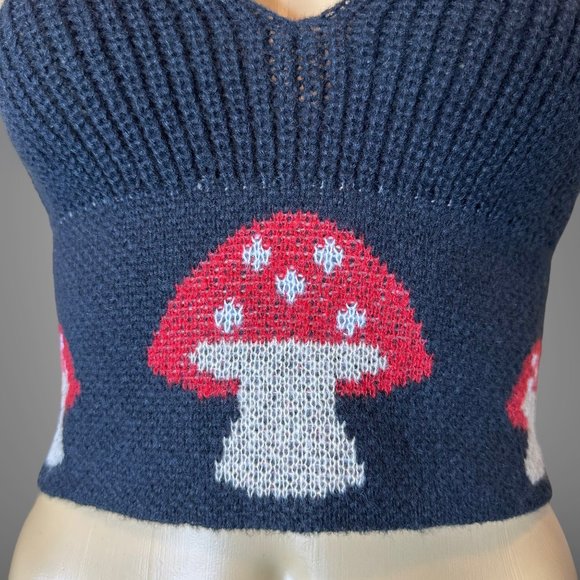 Womens Halter Crop Top Knit Large L Black Red Stretch Backless Mushroom Logo - Picture 15 of 16